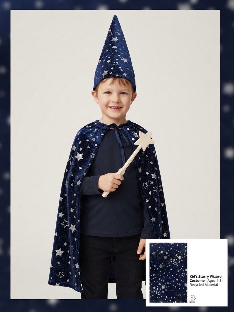 Flying Tiger Wizard’s Cape and Hat set- Ages 4-8 (Category: Babies & Kids Fashion) located in Imus. Submitted by vanity_cravings (Listing ID 1464198859, Image 1). Description: - Transform your child into a magical wizard! - Perfect for dress-up and parties. - Features a deep blue velvet cape and matching hat. - Adorned with shimmering silver stars. - Cape ties at the neck for a comfortable fit. - Made from recycled material. - Suitable for ages 4