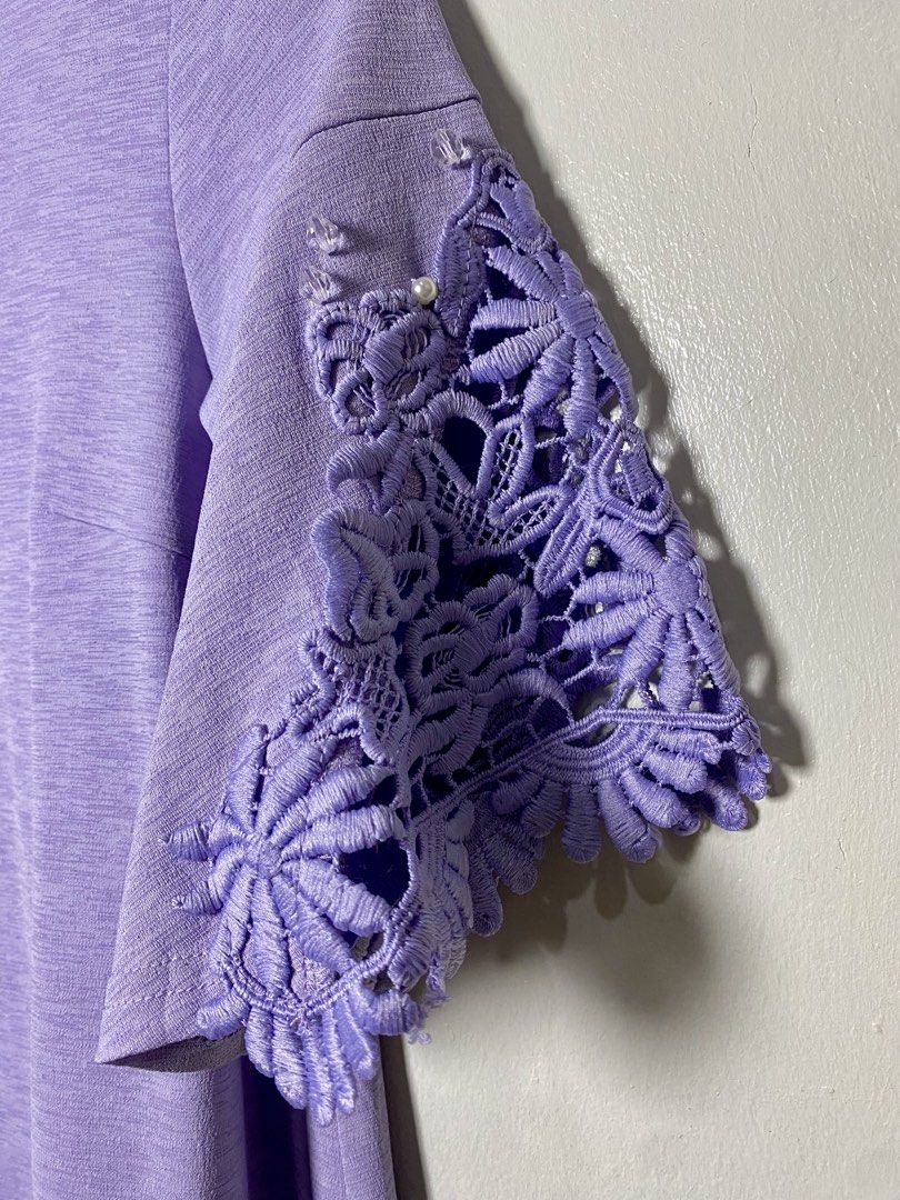 Lavender lace sleeve blouse (Category: Blouses) located in Makati City. Submitted by indaysukaycloset (Listing ID 1464221380, Image 3). Description: 💜 SALON, Pixie Heart TOKYO - Lavender Lace Sleeve Blouse Size S (Fits M to L) Brand: SALON, Pixie Heart EST 2010 TOKYO (Japan Brand) No: 23SQP-52 Size on tag: S Color: Lilac / Light Purple Details: - V-neck, 3/4 sleeves, A-line flowy fit - Crochet floral lace on both sleeves - With small faux pearl 