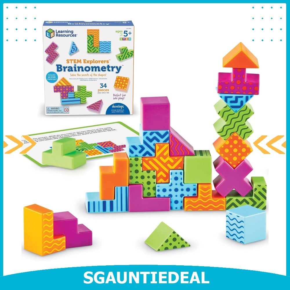 Learning Resources STEM Explorers Brainometry (Category: Educational & Learning Toys) located in Singapore. Submitted by sg.auntiedeal (Listing ID 1464193765, Image 1). Description: SOLVE the secrets of the shapes! STEM shape puzzles build critical thinking and problem solving skills! TRAIN your brain with tricky sorting and geometry challenges! 10 STEM CHALLENGES included! AGES 5+.