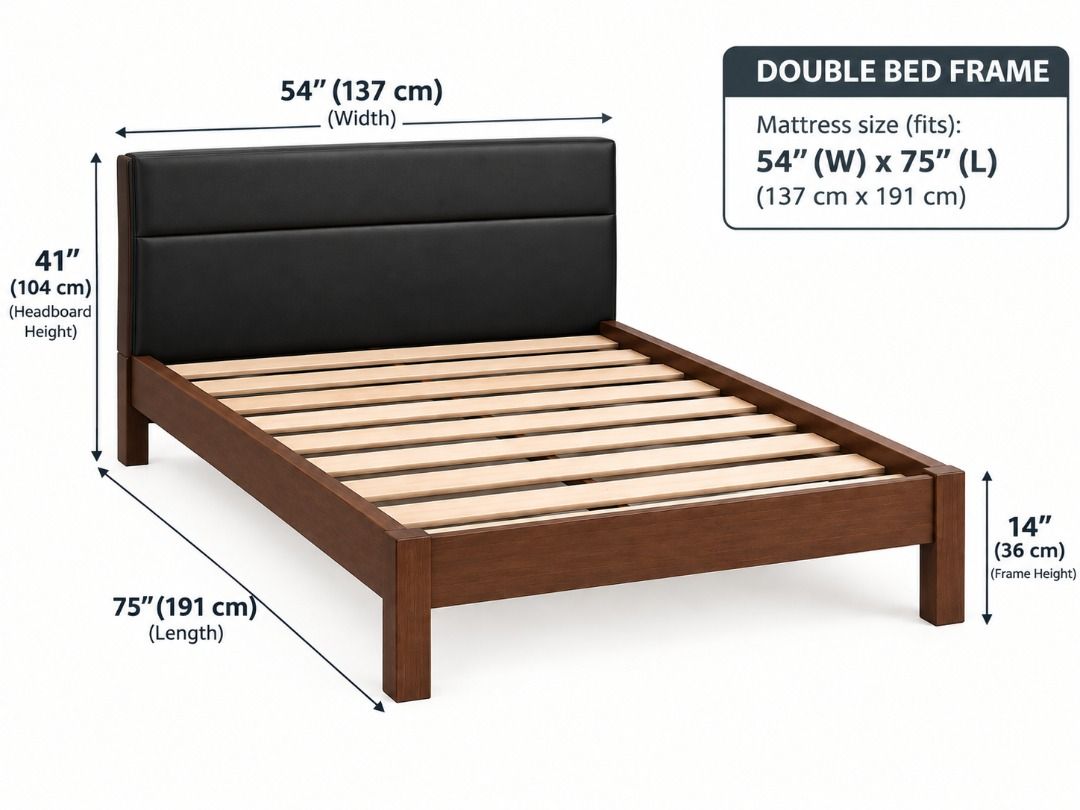 Lennon Bed Frame - Walnut Brown - Double Size (Category: Bed Frames & Mattresses) located in Imus. Submitted by odddragon-20ed (Listing ID 1464194873, Image 1). Description: - Lennon Bed Frame - Color: Walnut Brown - Size: Double (fits 54" x 75" mattress) - Headboard: Black fabric upholstery - Frame: Durable wood with a rich walnut finish - Style: Modern and versatile, suits any bedroom decor.