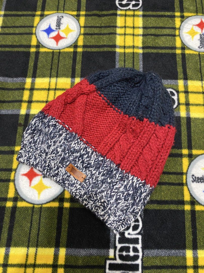 LEVI'S, beanie hat (Category: Beanies) located in Cavite. Submitted by jc_thrift95 (Listing ID 1464219719, Image 1). Description: - This colorful knit beanie features a tri-color block design in dark blue, vibrant red, and a speckled black-and-white brim accented with a small brown leather-like patch. - Made in Italy - Color rate 8/10 - See pictures details for dimes..