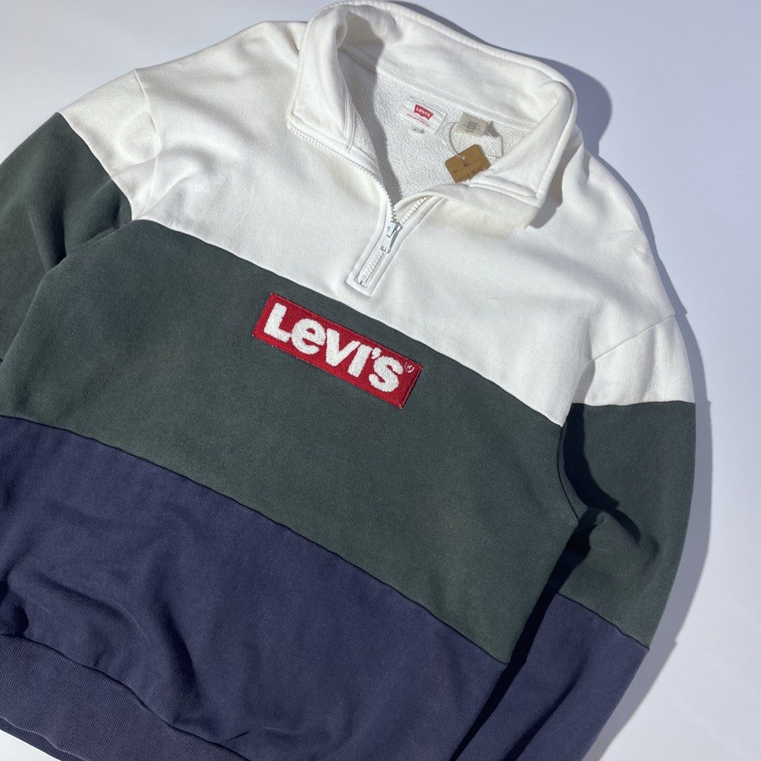 Levi's Color Block Quarter Zip Sweatshirt (Category: Coats, Jackets and Outerwear) located in Panabo. Submitted by bae.sick_thirft (Listing ID 1464143403, Image 2). Description: Quarter Zip Sweatshirt • Condition - Good • Color rate - 9.2/10 • Ribbings and hem masikip • Issue(s) - None • Perfect for dates Dimes: • Width - 20.5 • Lenght - 26 • Size - Small to Medium Price - 1999.
