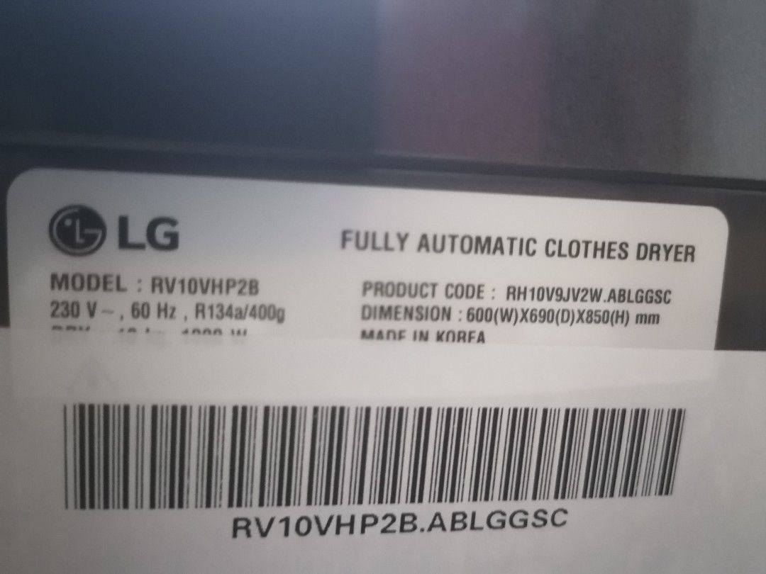 LG Fully Automatic Clothes Dryer RV10VHP2B (Category: Washing Machines and Dryers) located in Muntinlupa City. Submitted by fast_bryantorrentefernand (Listing ID 1464178642, Image 3). Description: - LG Fully Automatic Clothes Dryer - Model: RV10VHP2B - Capacity: 10kg - Made in Korea - Multiple Wash Cycles: Cotton, Speed 30, Towels, Easy Care, Wool, Sportswear, Allergy Care, Duvet, Bedding Refresh, Down Jacket Refresh, Timed Drying, Rack Dry, Cool