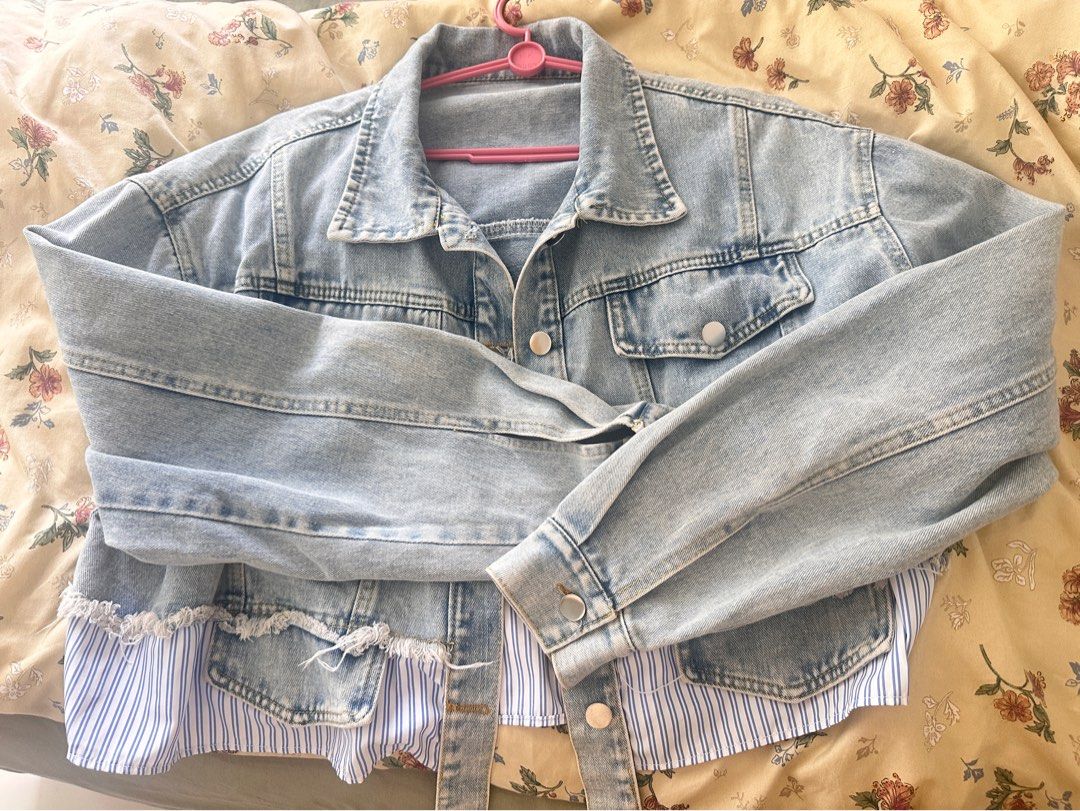 Light Wash Denim Jacket with Striped Shirt Panel (Category: Coats, Jackets and Outerwear) located in Manila. Submitted by heryet (Listing ID 1464140729, Image 2). Description: - Light wash denim jacket - Contrasting blue and white striped shirt panels on sides and back - Frayed hem details - Button-up front with chest pockets - Ideal for layering - Fits up to 2XL.