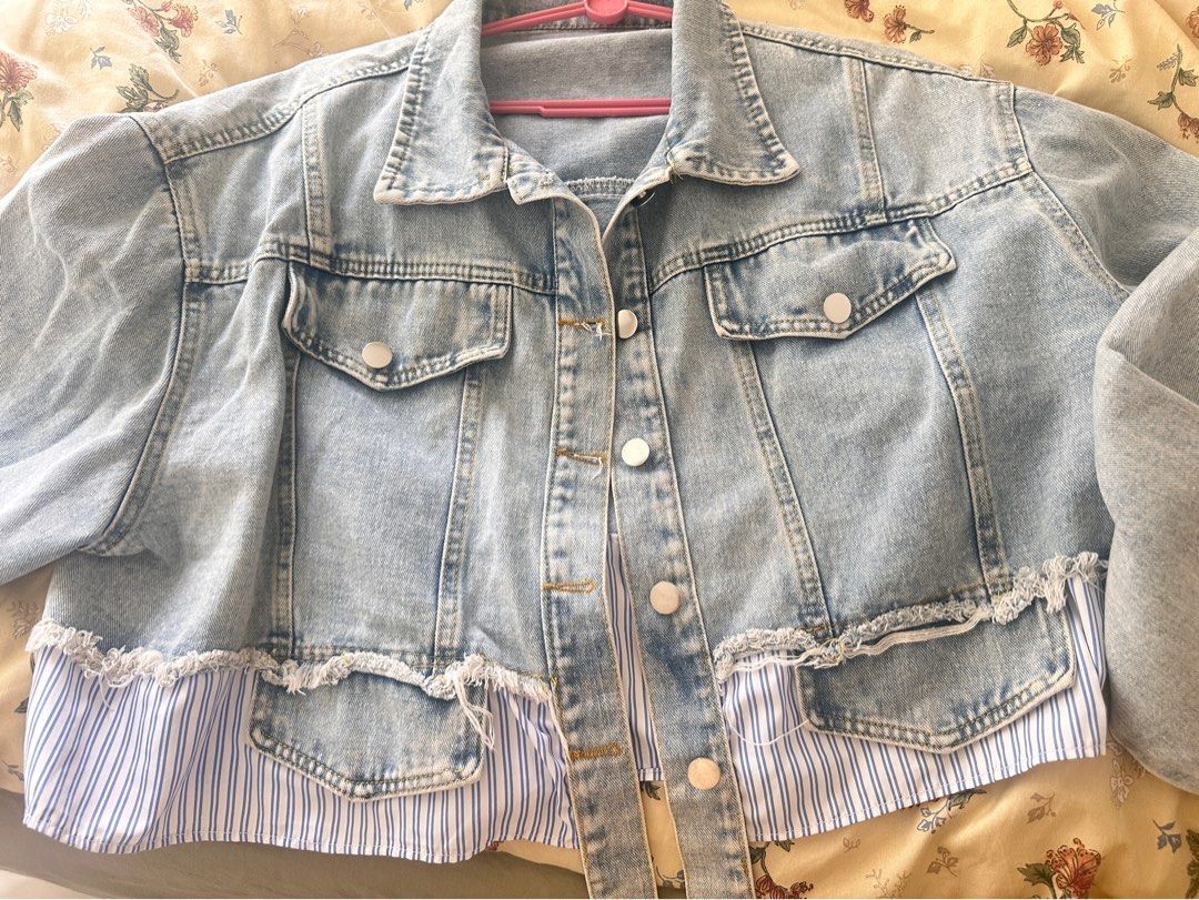 Light Wash Denim Jacket with Striped Shirt Panel (Category: Coats, Jackets and Outerwear) located in Manila. Submitted by heryet (Listing ID 1464140729, Image 3). Description: - Light wash denim jacket - Contrasting blue and white striped shirt panels on sides and back - Frayed hem details - Button-up front with chest pockets - Ideal for layering - Fits up to 2XL.