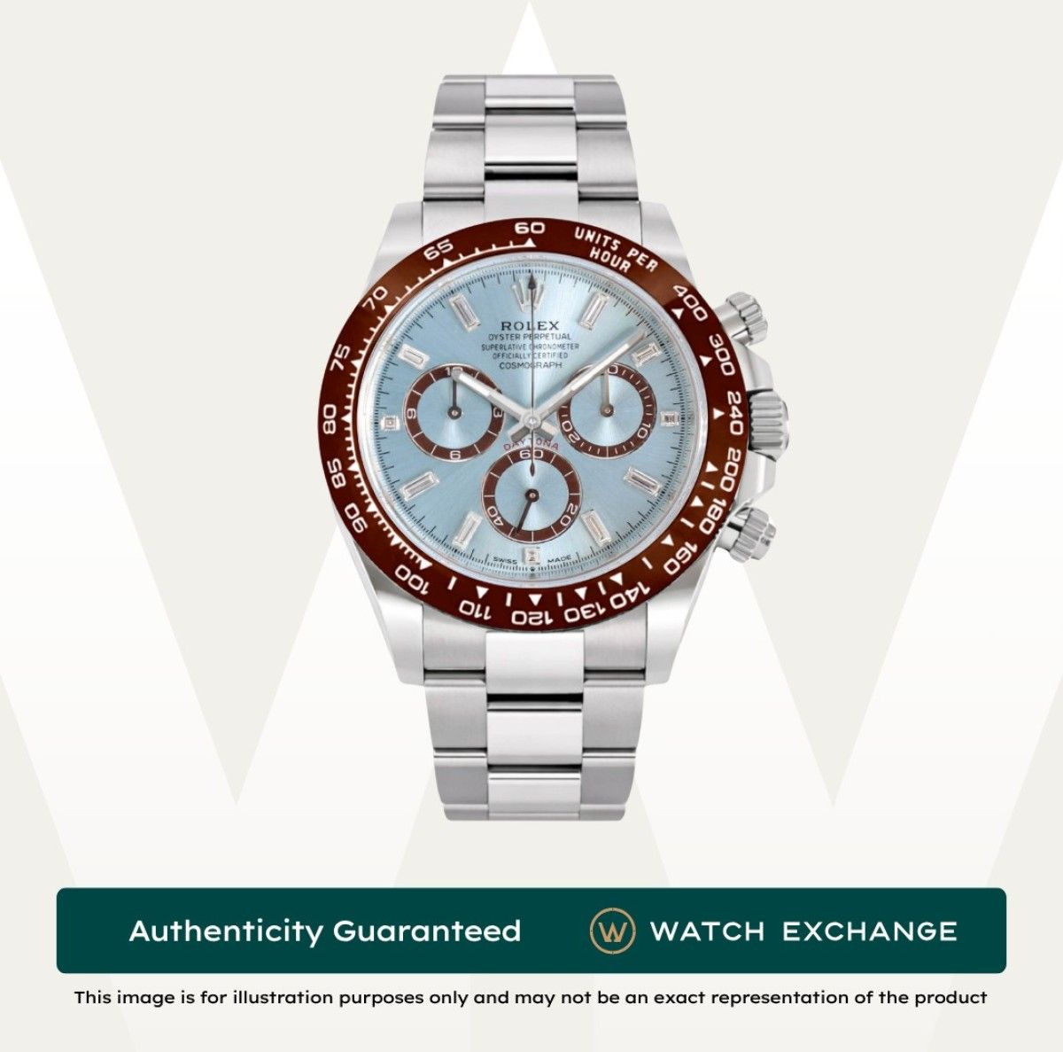 [LNIB] Rolex Daytona Platona Oyster 126506 Ice Blue w Baguette Diamonds Dial Z23562 Feb 2024 (Category: Watches) located in Singapore. Submitted by watchexchange.sg (Listing ID 1452132131, Image 1). Description: [LNIB] Rolex Daytona Platona Oyster 126506 Ice Blue w Baguette Diamonds Dial Z23562 Feb 2024 Price: $161,800 Brand: Rolex Model: 126506 Condition: LNIB Dial: Ice Blue w Baguette Diamonds Case Diameter: 40mm Material: Platinum Original Box