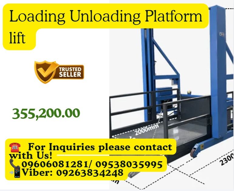 Loading Unloading Platform lift (Category: Everything Else Others) located in Caloocan City. Submitted by 09051674995 (Listing ID 1464151237, Image 1). Description: ●Lift capacity:2000KG ●Platform size :1600/2000mm ●Lift height:1700mm ●Voltage can be adjusted: 220V 3phase /380V 3phase ●Machine weight: 850Kgs .