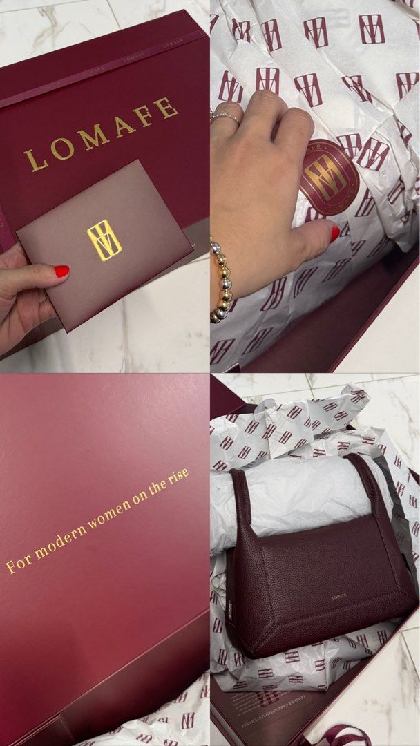 Lomafe Burgundy Leather Shoulder Bag (Category: Luxury Bags & Wallets) located in Victoria. Submitted by lovespreloved7 (Listing ID 1464319644, Image 1). Description: - Burgundy leather shoulder bag by Lomafe - Pebbled leather finish with minimalist design - Comes with original box, dust bag, and care card - Box features a motivational quote on the lid - Ideal for everyday use and a great gift idea.