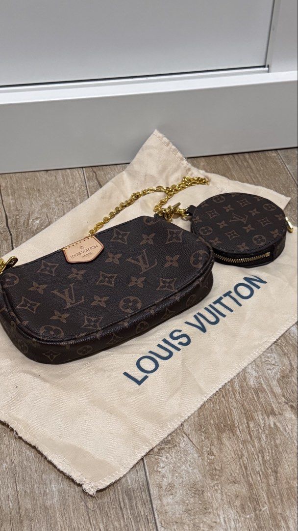 Louis Vuitton Monogram Pouch and Coin Purse Set (Category: Luxury Bags & Wallets) located in Pasig City. Submitted by sdpii (Listing ID 1464234112, Image 1). Description: - Louis Vuitton monogram pouch and round coin purse set. - Features classic monogram canvas and durable material. - Both pieces come with elegant gold hardware. - Includes a stylish chain strap for easy carrying. - Pouch is long and slim, ideal for essentials. - Coin purse is ci