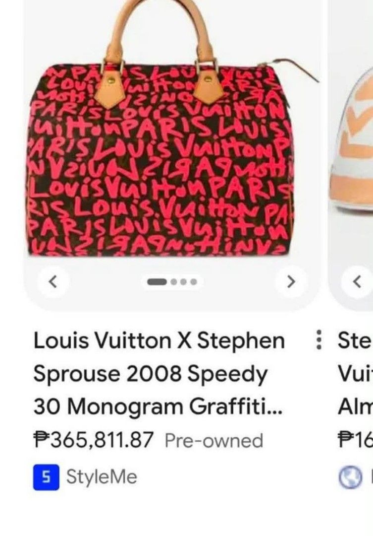 Louis Vuitton x Stephen Sprouse Speedy 30 Monogram Graffiti Bag (Category: Luxury Bags & Wallets) located in Manila. Submitted by rufus_apparel (Listing ID 1464301565, Image 3). Description: - Authentic Louis Vuitton Speedy 30 - Iconic Monogram Graffiti print (orange/black) - Leather handles and trim - Zipper closure with lock and keys - Date code: AA0049 - Rare find for collectors - Japan - Money-back if not AUTHENTIC.