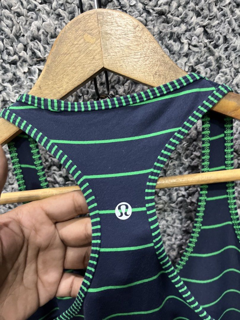 Lululemon Cool Racerback Tank Top | Size 8 (Category: Activewear) located in General Trias. Submitted by zrchustle.604 (Listing ID 1464205107, Image 2). Description: Lululemon Cool Racerback Tank Top in the pattern Slalom Stripe Inkwell / Hyper Stripe Green Bean. It is a classic, form-fitting workout tank first released in September 2013. Product Details • Brand: Lululemon • Style: Cool Racerback (CRB) • Color Code: SSIW/HSGB (Inkwell Navy Blue /