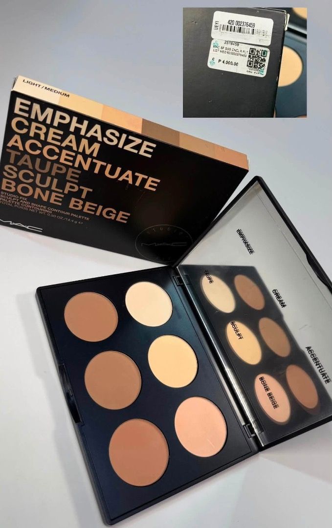 MAC Emphasize Cream Accentuate Contour Palette Light/Medium (Category: Makeup) located in Cebu City. Submitted by kyeshamori24 (Listing ID 1464329453, Image 1). Description: - Authentic MAC Emphasize Cream Accentuate Palette (Light/Medium) - Perfect for contouring and highlighting - Shades: Taupe, Sculpt, Bone Beige - Includes a built-in mirror - Also selling a MAC Connect in Colour Eyeshadow Palette - Eyeshadow palette features 12 shades - Both 