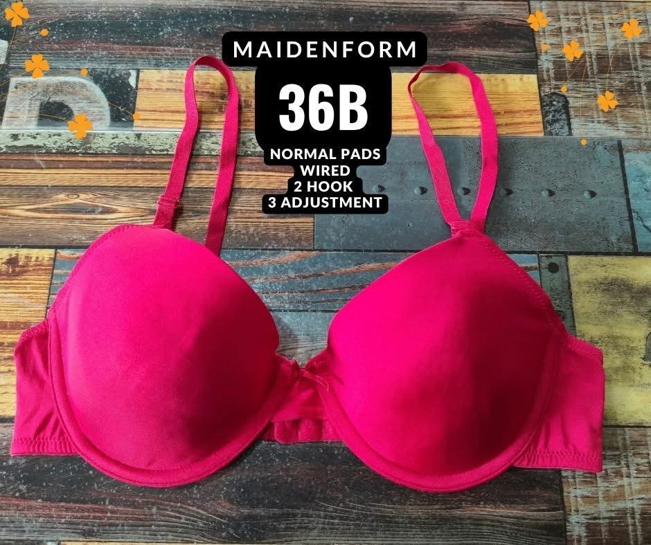Maidenform 36B Pink Wired Bra Normal Pads 2 Hook 3 Adjustment (Category: Undergarments & Loungewear) located in Manila. Submitted by siashop. (Listing ID 1464156629, Image 1). Description: - Brand: Maidenform - Color: Pink - Size: 36B - Features: Wired, normal pads - Closure: 2 hooks with 3 adjustment settings - Ideal for: Everyday wear.