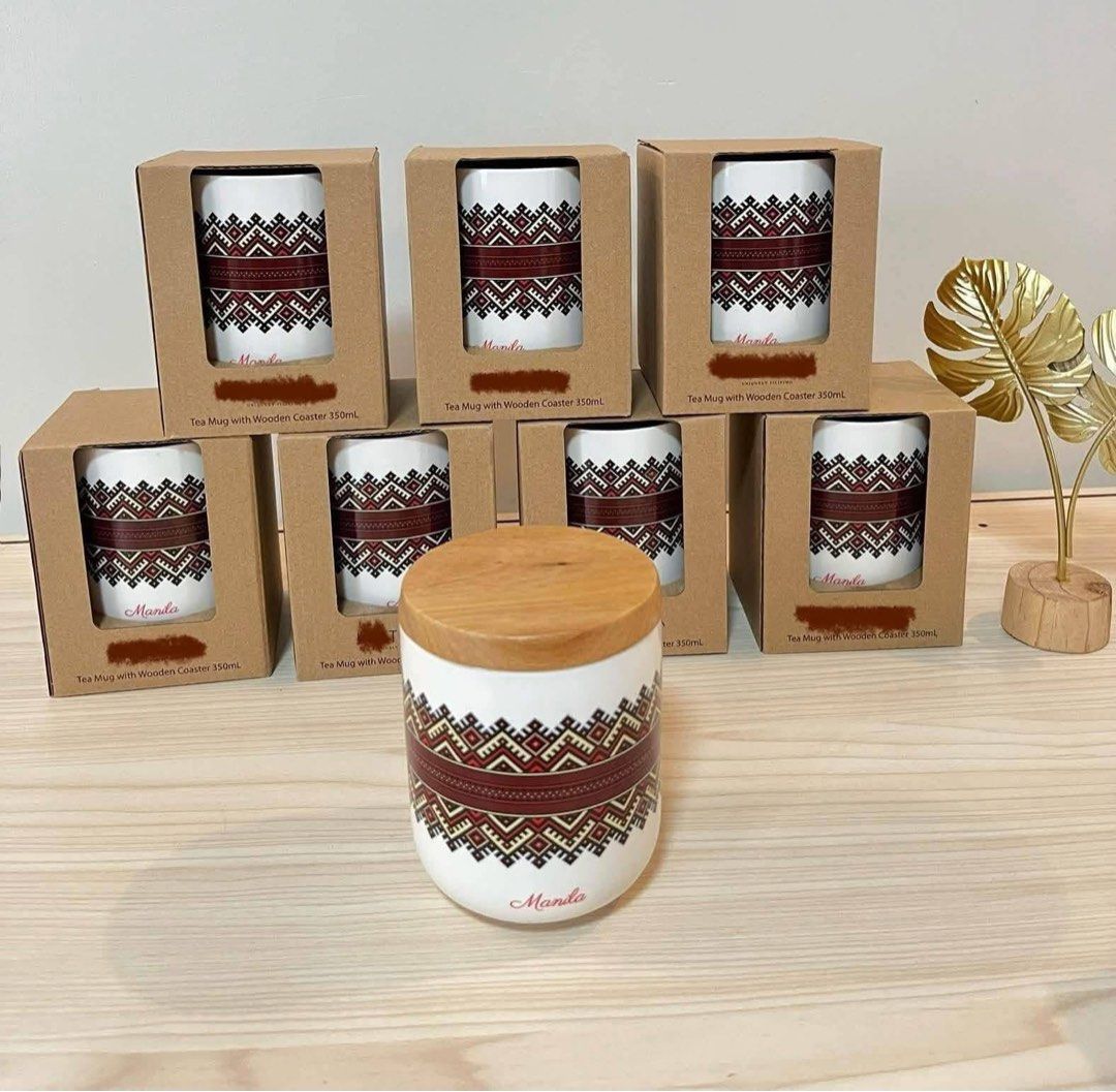 Manda Tea Mug with Wooden Coaster 350mL (Category: Coffee & Tea Tableware) located in Paranaque City. Submitted by sissyloveph (Listing ID 1464288554, Image 1). Description: - Set of 6 Manda tea mugs - Unique geometric patterns on each mug - 350mL capacity per mug - Includes a wooden coaster for each mug - Ideal for tea enthusiasts or as a thoughtful gift.