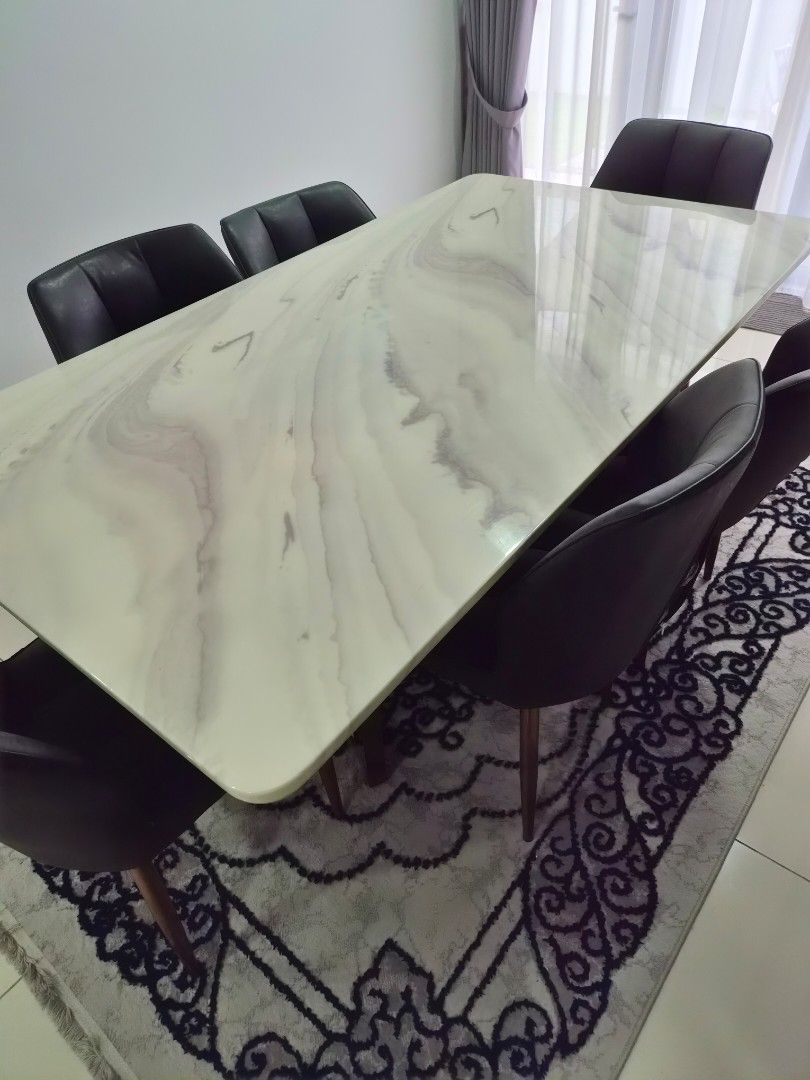 Marble Dining Table (Category: Tables & Sets) located in Skudai. Submitted by nurulzie (Listing ID 1464143539, Image 2). Description: Dining table marble with 6 chairs to letgo . Bought it at milan furniture 7k+ . Want to letgo 4.8k . Self pick up Skudai.