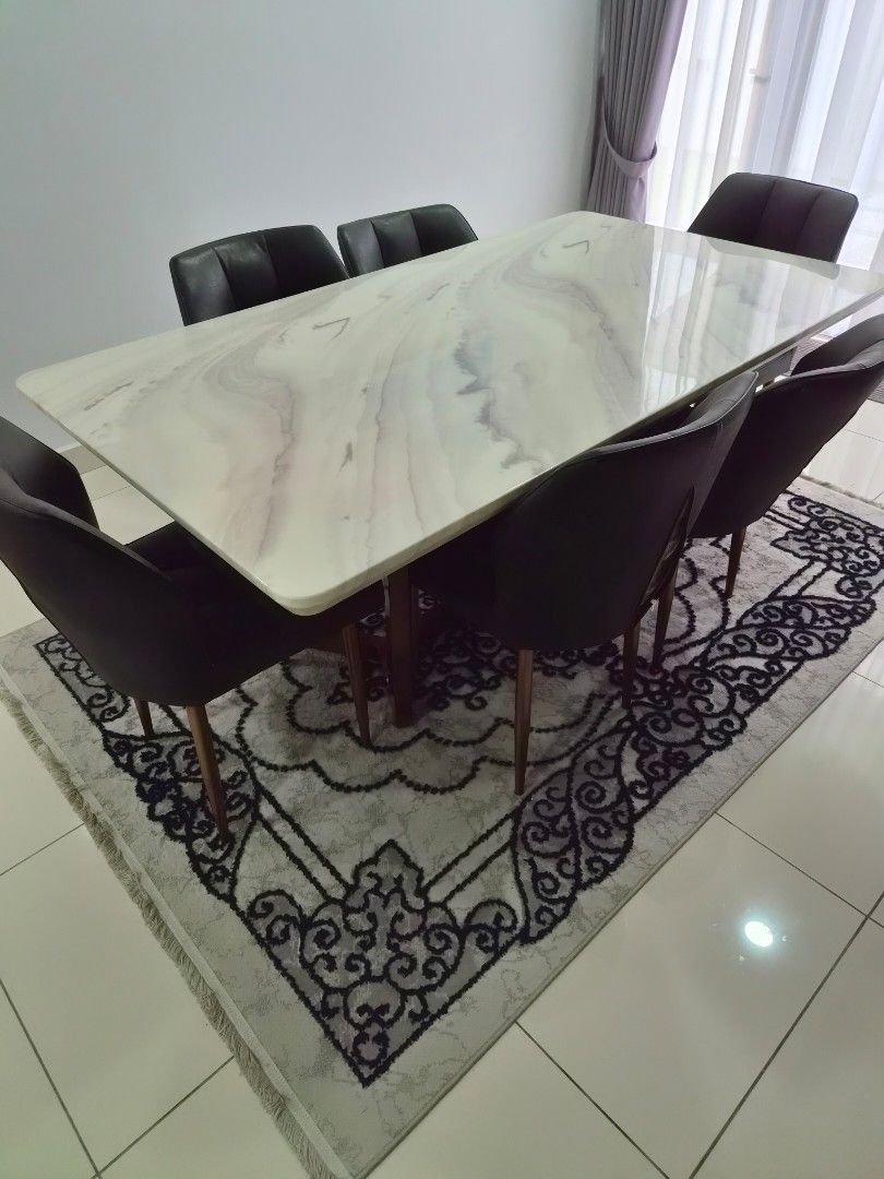 Marble Dining Table (Category: Tables & Sets) located in Skudai. Submitted by nurulzie (Listing ID 1464143539, Image 1). Description: Dining table marble with 6 chairs to letgo . Bought it at milan furniture 7k+ . Want to letgo 4.8k . Self pick up Skudai.
