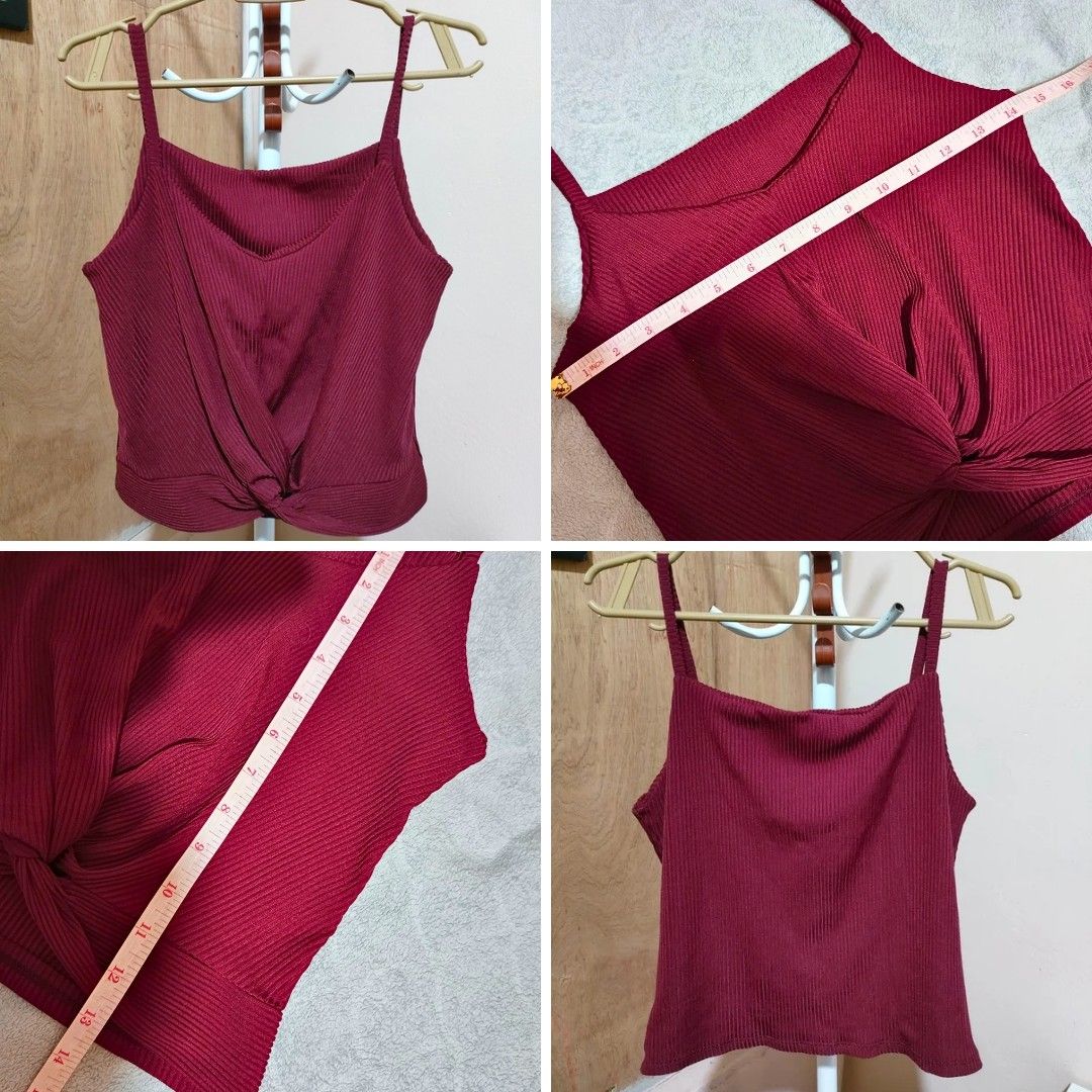 Maroon Ribbed Twist Front Crop Top (Category: Sleeveless) located in Quezon City. Submitted by syayayay (Listing ID 1464064092, Image 3). Description: - Cute maroon crop top - Ribbed material - Twist detail in the front - Spaghetti straps .