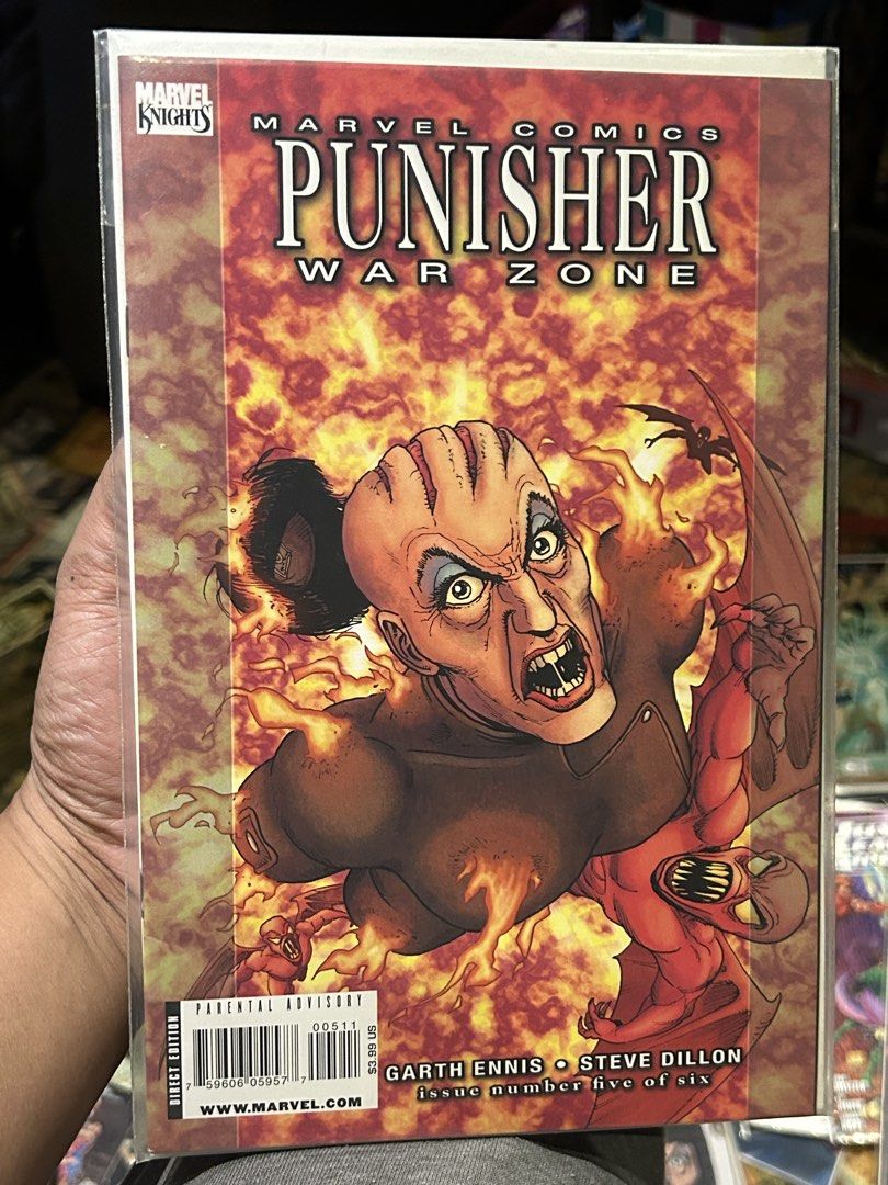 Marvel Knights Punisher War Zone Comic Issue #5 Garth Ennis Steve Dillon (Category: Comics & Manga) located in Iloilo. Submitted by jackpot.treasures (Listing ID 1464231701, Image 1). Description: - Marvel Knights Punisher War Zone comic book - Issue #5 of 6 - Written by Garth Ennis - Artwork by Steve Dillon - Direct Edition - Parental Advisory on cover.