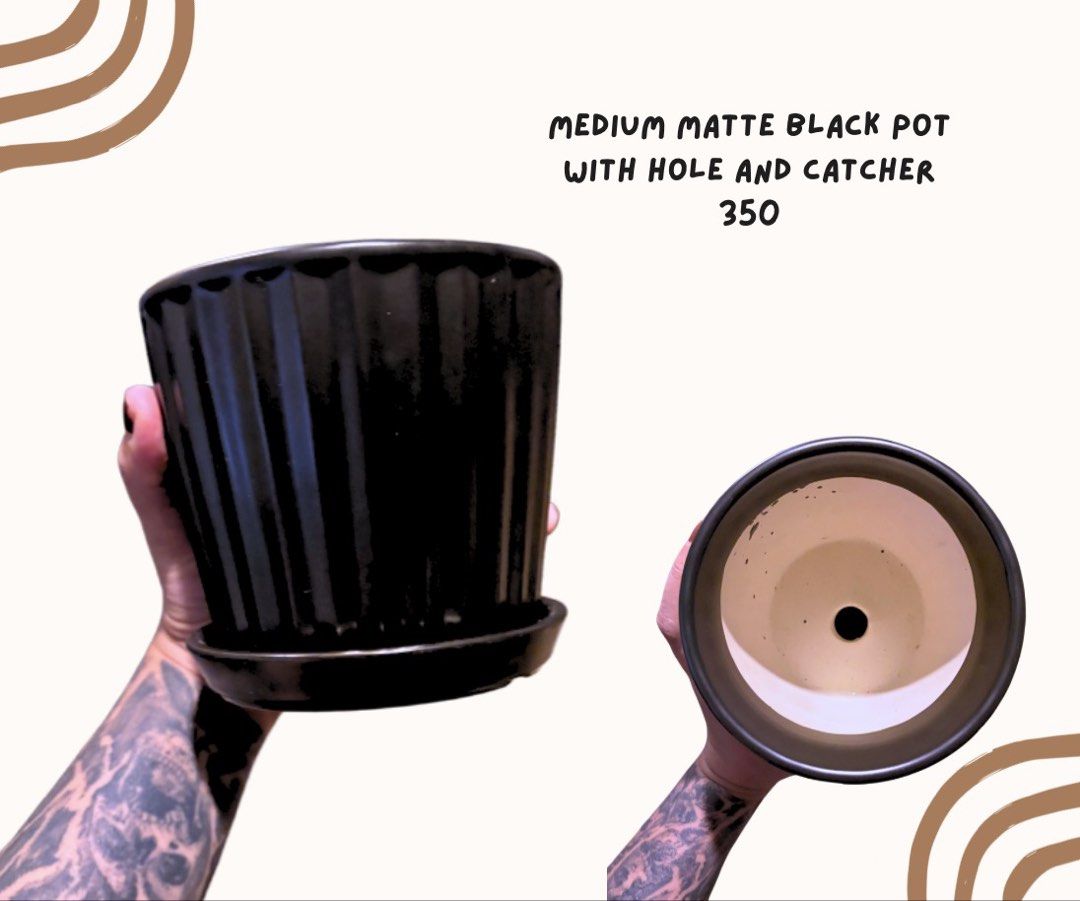 Matte Black Medium Size Pot with Water catcher (Category: Pots & Planters) located in Pasig City. Submitted by homeyvibesph (Listing ID 1464212878, Image 1). Description: .