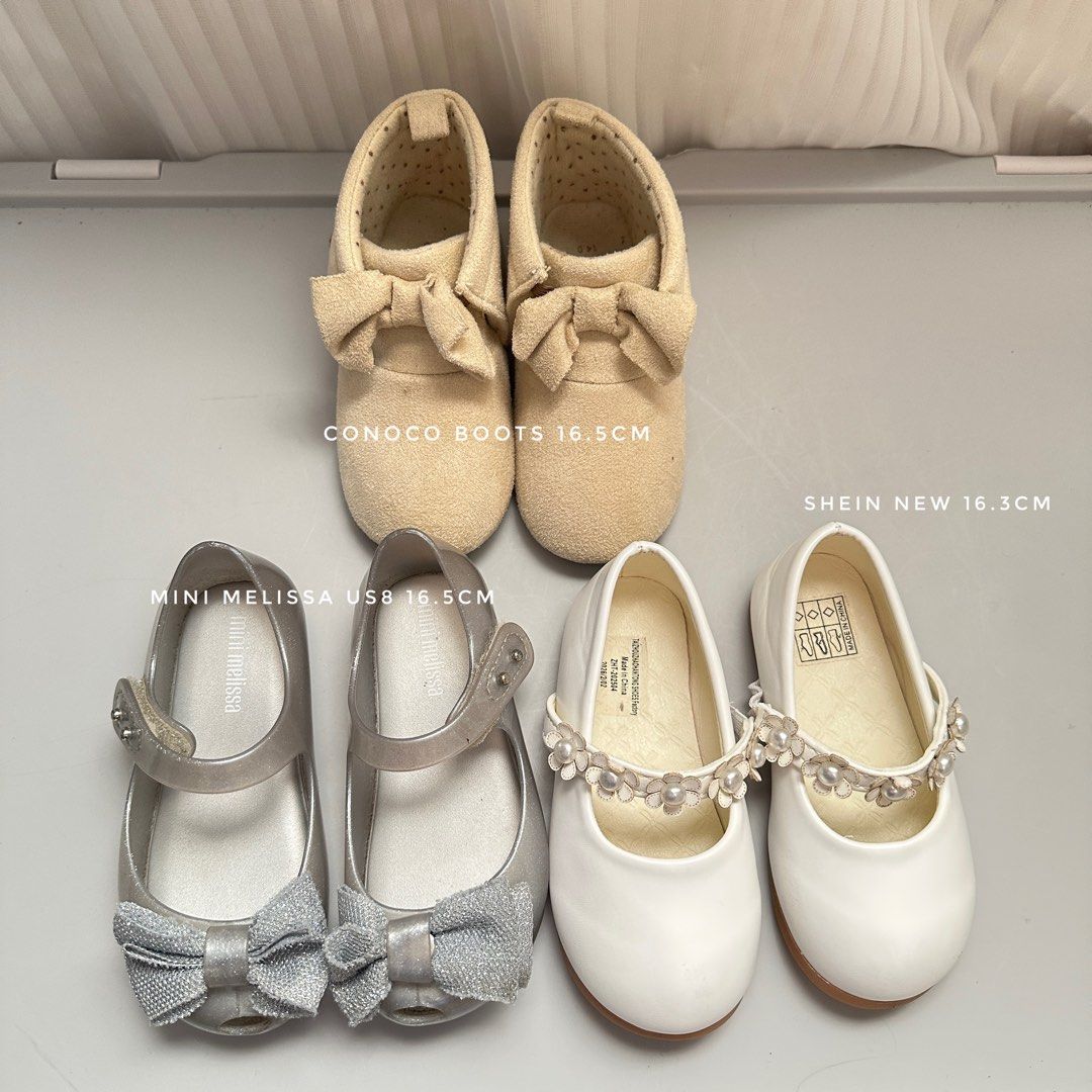 Mini Melissa US8 (Category: Babies & Kids Fashion) located in Manila. Submitted by secondsnuggle (Listing ID 1464138174, Image 1). Description: All shoes are 16.5cm insole fits 2-3yo Mini melissa likenew ₱800 Shein white dollshoes brandnew ₱250 Conoco japan boots used once ₱300 .