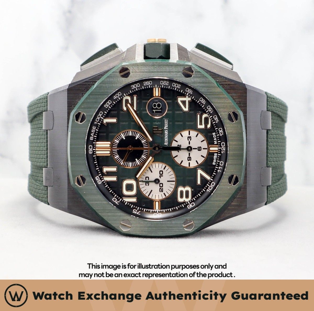 [Mint] Audemars Piguet Royal Oak Offshore Strap 26405CE.OO.A056CA.01 26405CE AP Green Dial Z25490 Aug 2020 (Category: Watches) located in Singapore. Submitted by watchexchange.sg (Listing ID 1442787359, Image 1). Description: [Mint] Audemars Piguet Royal Oak Offshore Strap 26405CE.OO.A056CA.01 26405CE AP Green Dial Z25490 Aug 2020 Price: $43,500 Brand: Audemars Piguet Model: 26405CE.OO.A056CA.01 Condition: Mint Dial: Green Case Diameter: 44mm Mat