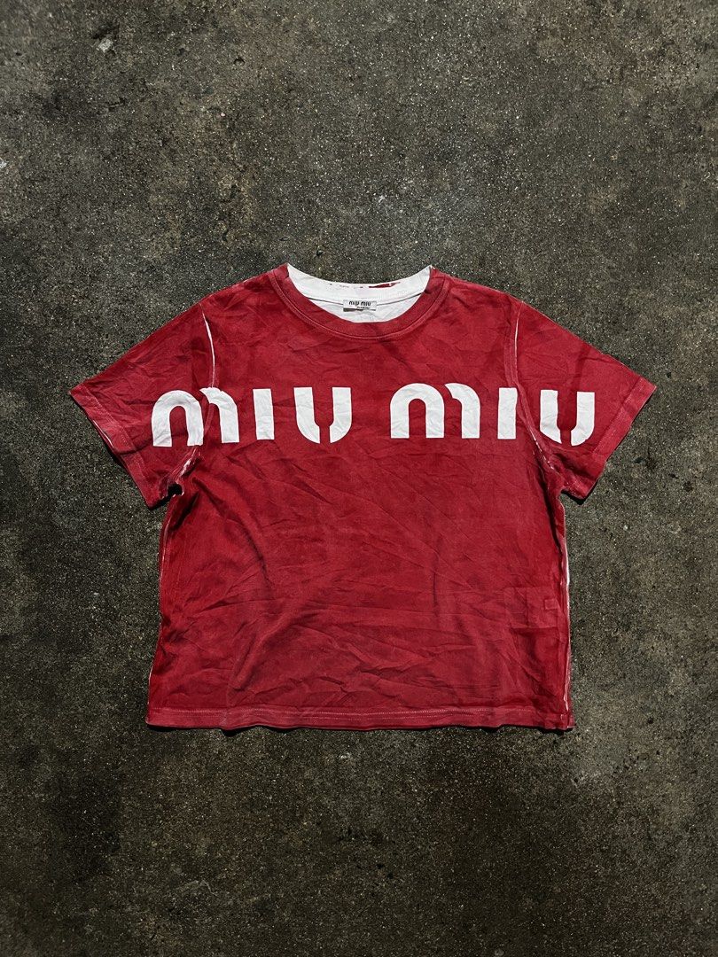 Miu Miu - Screenprint Block Logo Shirt (Category: Shirts) located in Manila. Submitted by kashjulliane (Listing ID 1464303309, Image 2). Description: Good condition 9/10 Color rate Made in Italy Deadstock Size: Medium Width: 21 Length: 20.