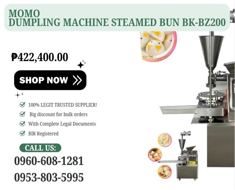 Momo Dumpling Machine Steamed Bun BK-BZ200 (Category: Home Improvement Tools & Accessories) located in Caloocan City. Submitted by 09616968642 (Listing ID 1464147426, Image 1). Description: "Momo weight:20~200g ●Output:500~3000pcs/h adjustable ●Voltage:220V/380V ●Power:2.4kw ●Dimension:750*750*1650mm ●Weight:235kg" .