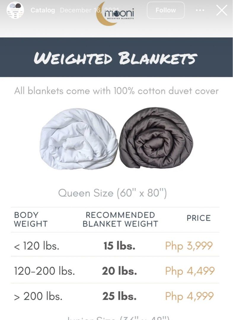 MOONI Weighted blanket (20lbs) Php6,000 queen size (Category: Bedding & Towels) located in Quezon City. Submitted by styleandcomfort (Listing ID 1464279751, Image 2). Description: Queen size With duvet cover A bit naging dirty white due to discoloration Please manage expectation since super low price na. Values for Php6000.00+ Message me for inquiries 😊.