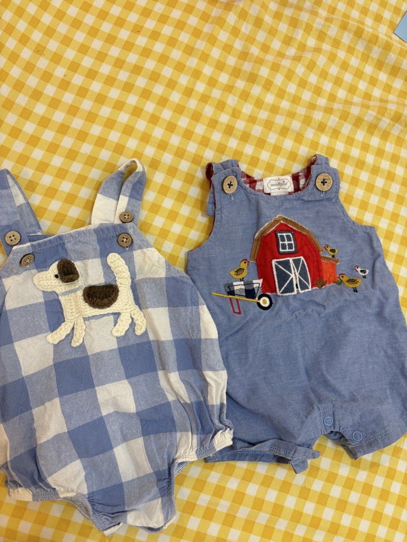 Mudpie Baby Clothes Set - Bodysuit & Overalls dkny bundle (Category: Babies & Kids Fashion) located in Bulacan. Submitted by ricammendz (Listing ID 1464273450, Image 2). Description: Unisex - Adorable Mudpie baby outfit set0-3 m - Includes a white DKNY bodysuit - Two stylish overalls: - Blue gingham with cute dog applique - Denim blue with charming barn and farm animal embroidery - Perfect for your little one!.