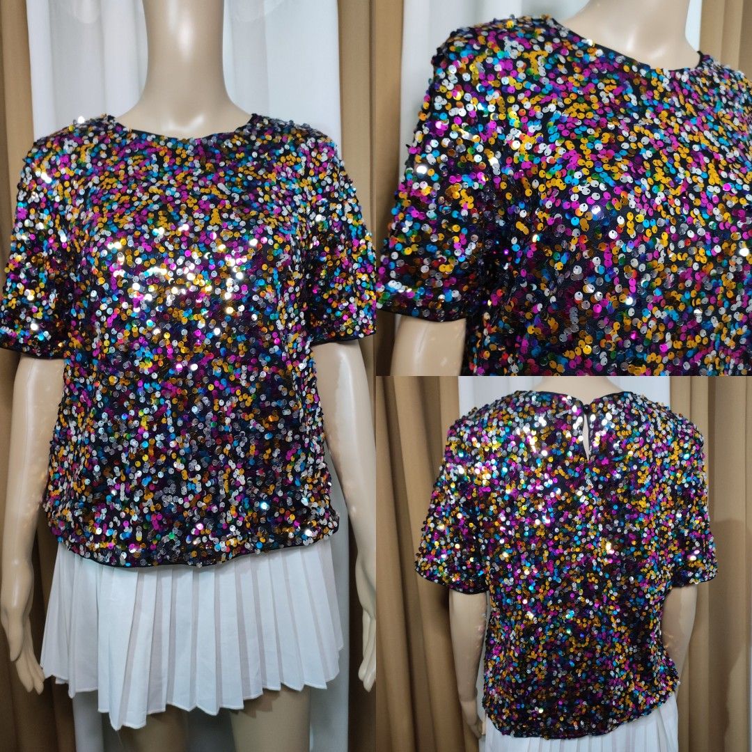 Multicolored sequins top (Category: Shirts) located in Mandaluyong City. Submitted by sammyrbcb (Listing ID 1464352679, Image 1). Description: measurements: shoulders: 16.5 inches pit to pit:21 inches length: 21 inches waist: 44 inches size on tag: Large code:700.