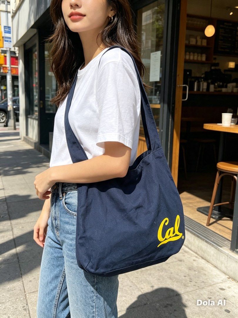 Navy Blue 'Cal' Tote Bag (Category: Tote Bags) located in Manila. Submitted by reginemarquez412 (Listing ID 1464229104, Image 1). Description: - Classic navy blue canvas tote bag - Features a yellow 'Cal' graphic - Adjustable strap with buckle for comfort - Large main compartment for ample storage - Ideal for everyday use, books, or groceries - Simple, functional, and stylish design.