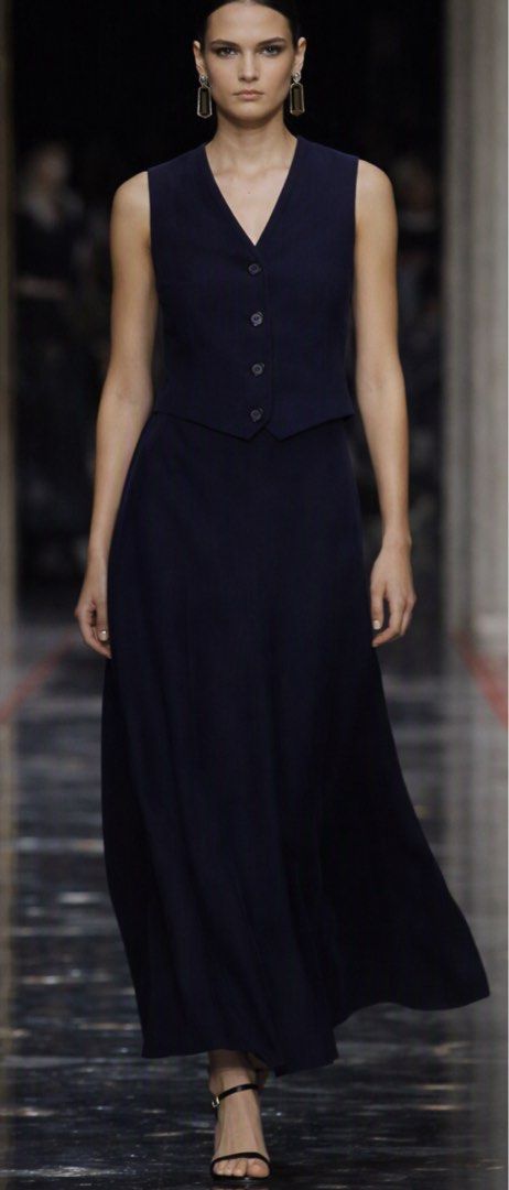 Navy Blue V-Neck Button-Up Vest (Category: Sleeveless) located in Pakil. Submitted by roserarela (Listing ID 1464265682, Image 2). Description: - Classic navy blue vest - V-neckline - Button-up front - Fully lined interior - Ideal for layering over shirts or dresses - Versatile for smart casual or formal outfits - Simple and timeless design -can fit small to medium Measurements: From shoulder to hem: 48cm Bust: 50cm.