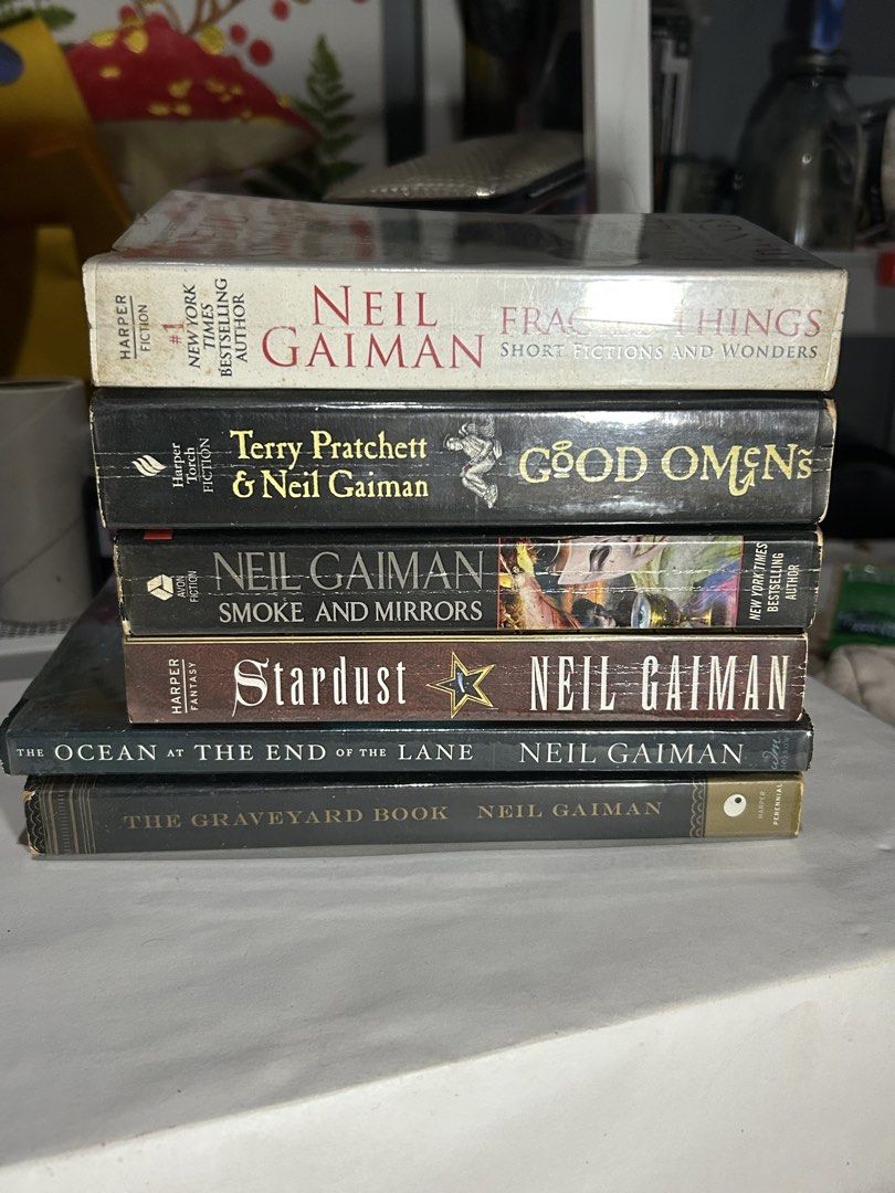 NEIL GAIMAN book set (Category: Storybooks) located in Bacoor. Submitted by vousnousvoyez (Listing ID 1464232800, Image 1). Description: NEIL GAIMAN set, take all -fragile things -good omens (w terry pratchett) -smoke and mirrors -stardust -the ocean at the end of the lane -the graveyard book - with tanning and foxing, plastic covered, signs of aging - authentic but very old copies, ask for pictures mop: gcash/bank transfer mod: lalamove, jnt loc