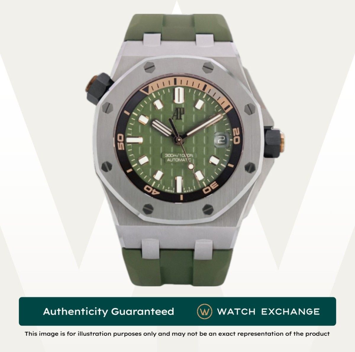 [New] Audemars Piguet Diver Rubber 15720ST.OO.A052CA.01 15720ST AP Khaki Green Dial Z29091 Jan 2026 (Category: Watches) located in Singapore. Submitted by watchexchange.sg (Listing ID 1464163278, Image 1). Description: [New] Audemars Piguet Diver Rubber 15720ST.OO.A052CA.01 15720ST AP Khaki Green Dial Z29091 Jan 2026 Price: $34,500 Brand: Audemars Piguet Model: 15720ST.OO.A052CA.01 Condition: New Dial: Khaki Green Case Diameter: 42mm Material: St