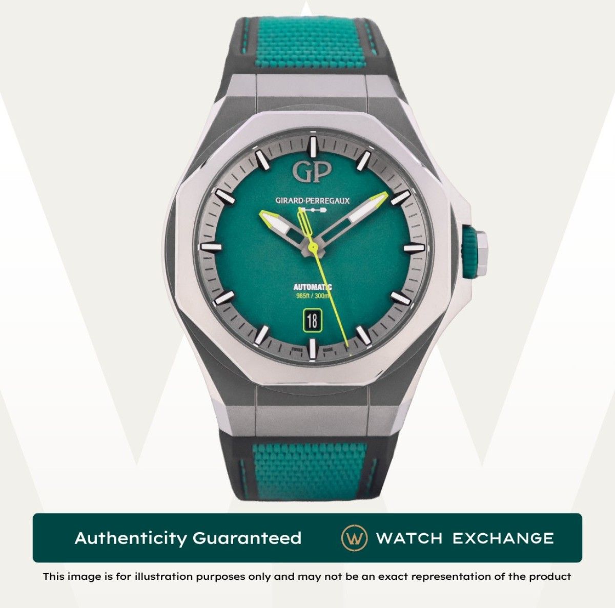 [New] Girard Perregaux Laureato Absolute Aston Martin F1 Edition Strap 81070-21-3405-1CX Green Dial Z29025 Sep 2026 (Category: Watches) located in Singapore. Submitted by watchexchange.sg (Listing ID 1464182561, Image 1). Description: [New] Girard Perregaux Laureato Absolute Aston Martin F1 Edition Strap 81070-21-3405-1CX Green Dial Z29025 Sep 2026 Price: $12,700 Brand: Girard Perregaux Model: 81070-21-3405-1CX Condition: New Dial: Green Case Dia
