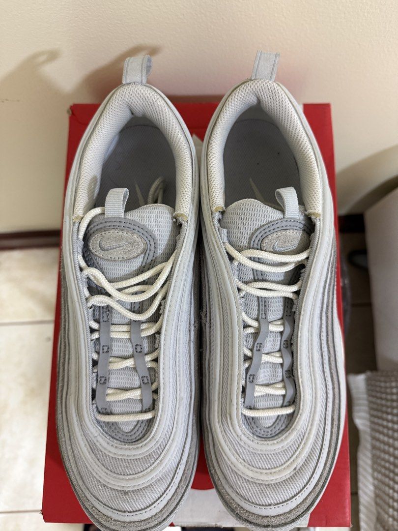 Nike Air Max 97 SE Pure Platinum Wolf Grey (Category: Sneakers) located in Manila. Submitted by karlllllllllllll (Listing ID 1464173884, Image 3). Description: - Nike Air Max 97 SE - Colorway: Pure Platinum/Wolf Grey - Size: UK 9 / US 10 / EUR 44 - Used thrice only - Includes original box.