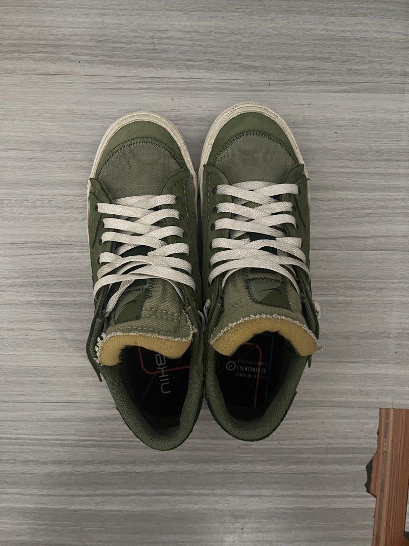 Nike Blazer Low Olive Green Suede Canvas (Category: Sneakers) located in Pasig City. Submitted by beachboy01 (Listing ID 1464289585, Image 3). Description: AUTHENTIC NO SOLE SEPARATION NO BOX - Olive green Nike Blazer Lows - Suede and canvas upper - White laces and sole - Classic Nike branding on the heel - Ideal for casual wear.