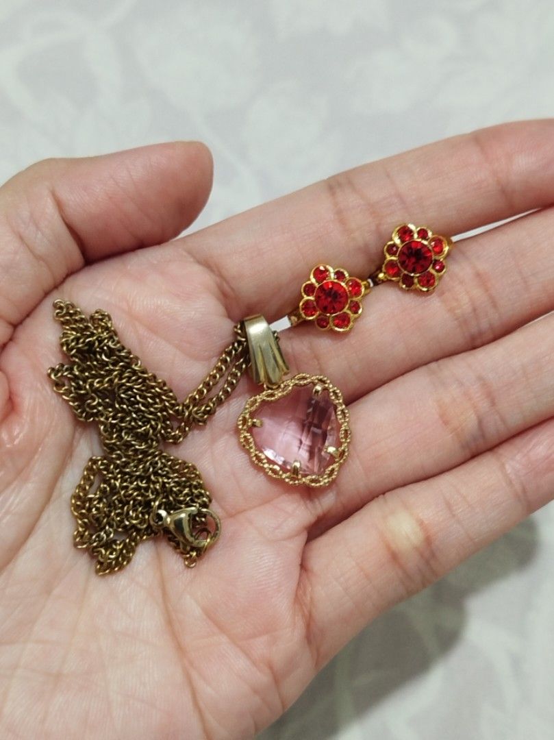 Nymph Metals Pendant & Earrings (Tarnished) (Category: Necklaces) located in Quezon City. Submitted by luckycitrine (Listing ID 1464246857, Image 1). Description: - Selling as set, with free chain - From Nymph Metals IG store - Tarnished condition - Declared metal of pendant & stone: Silver & rose quartz - For the earrings, I don't know the materials used - Ships via Grab/Lalamove from Novaliches .