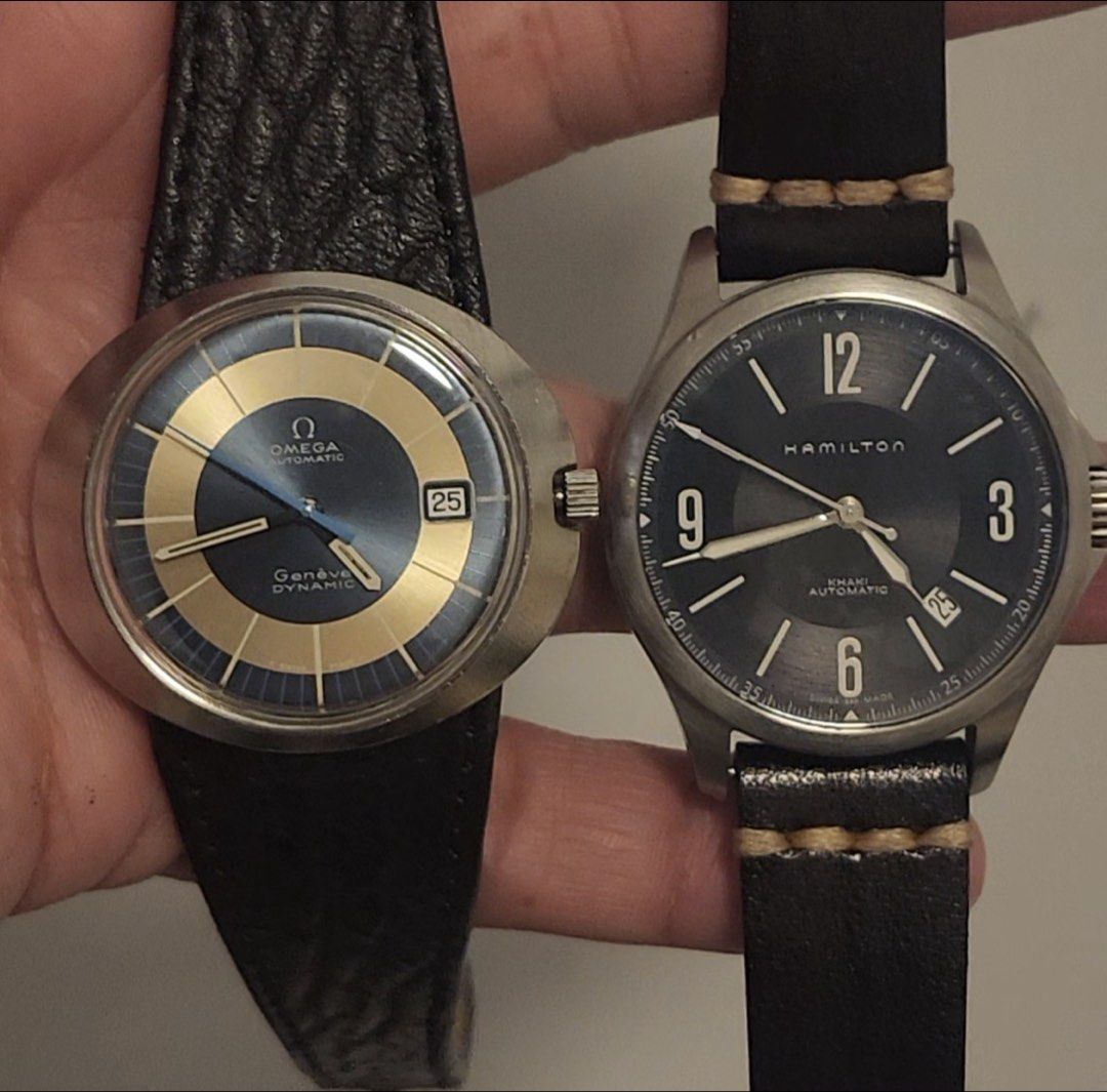 Omega Geneve Dynamic & Hamilton Khaki Automatic Watches (Category: Men's Watches) located in Quezon City. Submitted by awristocrat.ph (Listing ID 1464209971, Image 1). Description: Omega Deville Dynamic Automatic & Hamilton Khaki Aviation For Sale Omega Deville -70k Hamilton khaki Aviation -25k Bundle price 80k Inlcudes: - 3 custom leather straps for Omega - complete box and bracelet (hamilton) - 3 seiko watches (for service) Pm if interested QC 