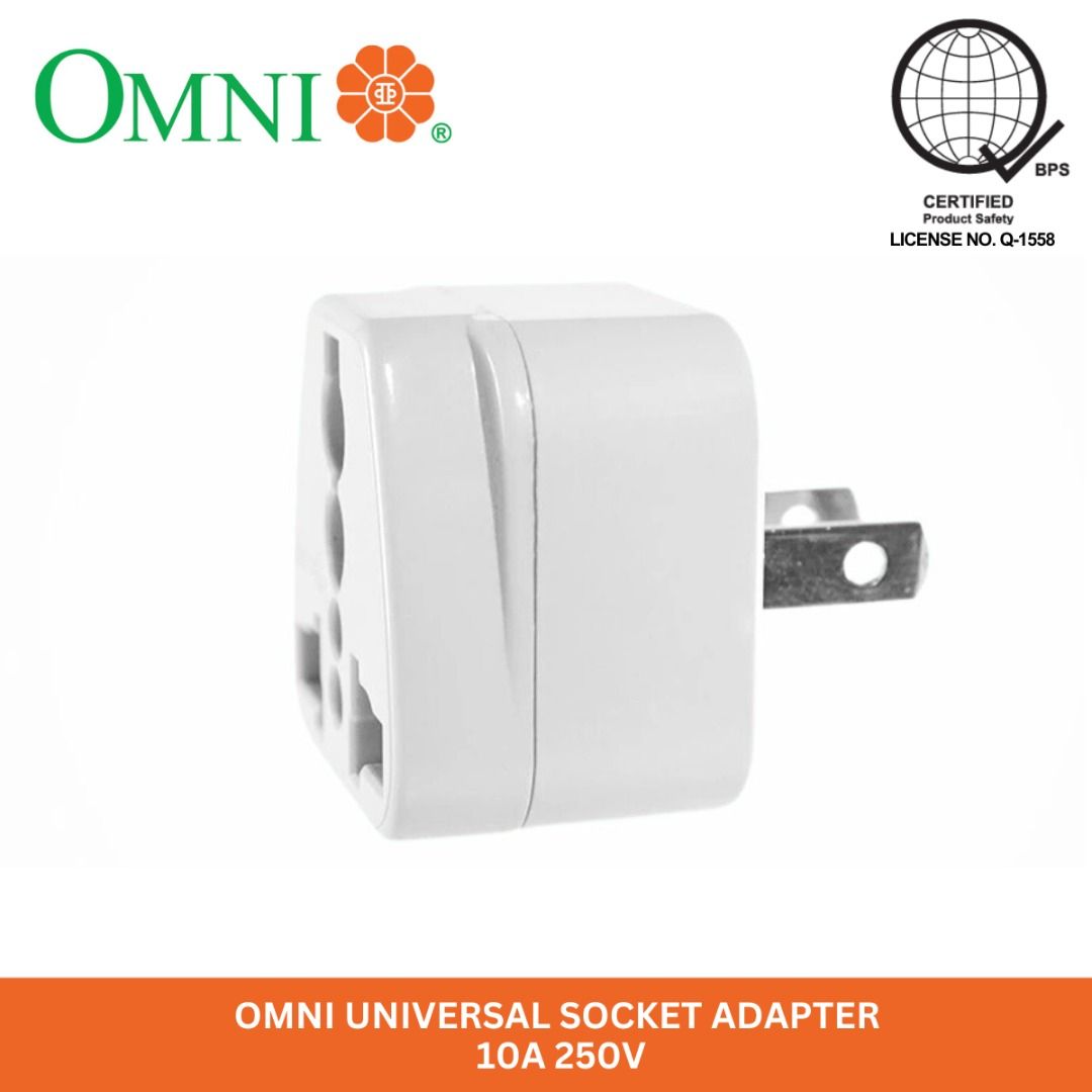 OMNI Universal Socket Adapter 10A 250V WUA-002 (Category: Electrical, Adaptors & Sockets) located in Quezon City. Submitted by mo.me (Listing ID 1464264719, Image 3). Description: - OMNI Universal Socket Adapter (Model WUA-002) - Rated 10A 250V - Ideal for international travel - Converts plugs for global compatibility - Compact and portable design - Certified Product Safety by BPS OMNI Universal Socket Adapter 10A 250V WUA-002 12pcs PER BOX 100% 