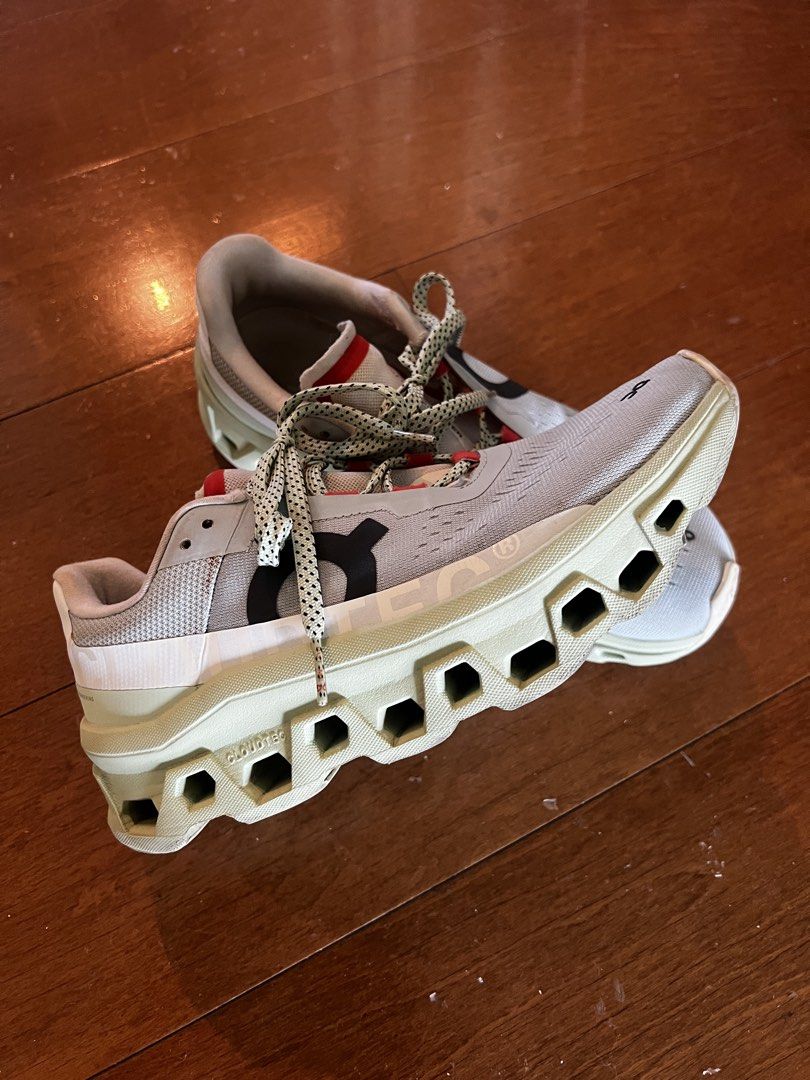 ON Cloudmonster Ladies Running Shoes (Category: Sneakers) located in Taguig. Submitted by bb188 (Listing ID 1464163363, Image 3). Description: Heavily used, bought in Taiwan for around 12k Still good, comfortable as On known for cushioning and comfort - ON Cloudmonster running shoes - Ladies' size US 9 / EUR 40.5 / UK 7 - Color: Light grey with red and white accents - Ideal for running and everyday wear - Please check photos for condition details