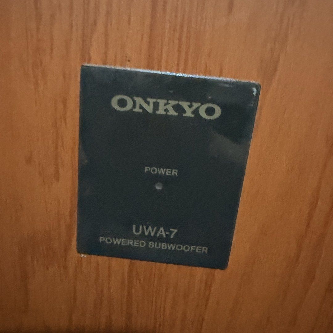 ONKYO UWA-7 Subwoofer only (Category: Other Audio Equipment) located in Davao. Submitted by ckkb1821 (Listing ID 1464226227, Image 3). Description: ONKYO UWA-7 Subwoofer only Type - 4 channel amplifier + J-Drive subwoofer Driver - 16 cm OMF diaphragm × 1 Subwoofer power - 40 W practical maximum, 100 Hz / 12 Ω / EIAJ Other amplifier channels - 20 W × 3 (center + surround L/R) Frequency response - 30–150 Hz Input Dedicated - 3.1-channel analog conn