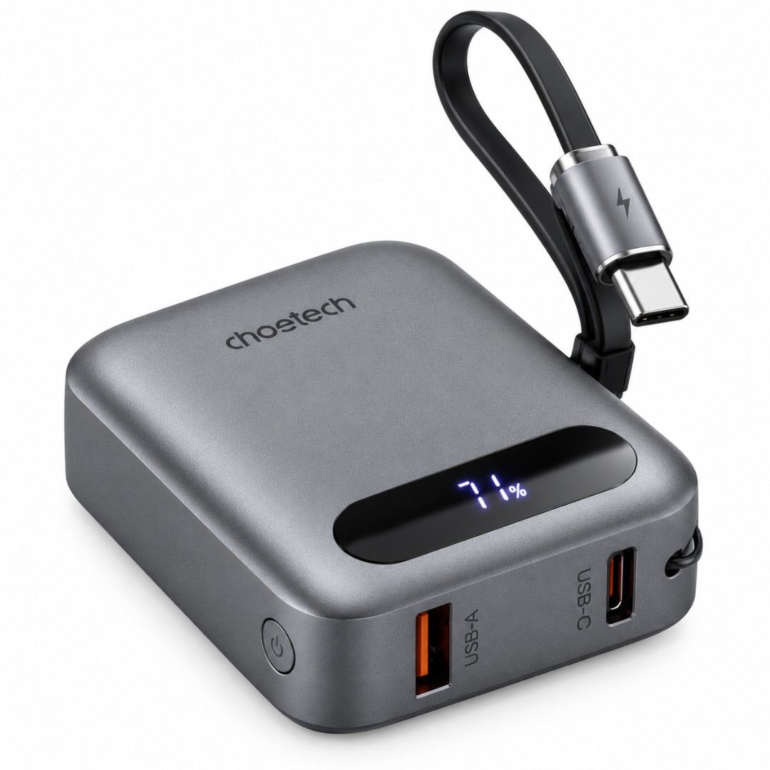 Original Choetech 10000Mah fast charging with cable strap (Category: Batteries & Power Banks) located in Pasay City. Submitted by son_castor (Listing ID 1464260739, Image 2). Description: “Create a premium, realistic product advertisement using the uploaded CHOETECH PowerLeap Mini image as the exact visual reference. Keep the CHOETECH branding, product design, gray color, built-in lanyard USB-C cable, digital battery display, USB-C and USB-A port