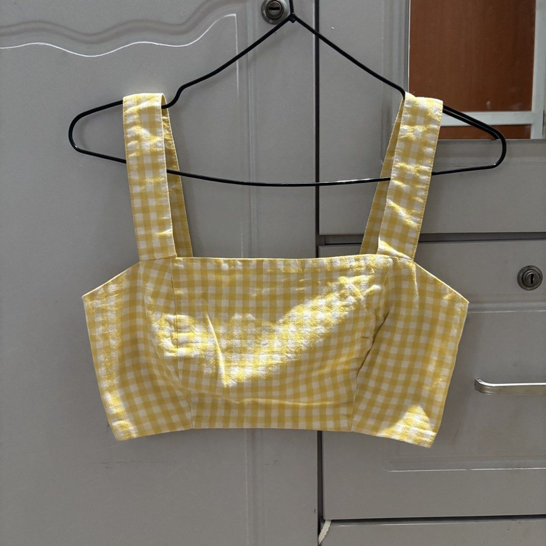 Overseas Plaid Yellow Crop Top (Category: Sleeveless) located in Binan City. Submitted by mypreloved_haul (Listing ID 1464182231, Image 1). Description: LAST PRICE POSTED! FOR SURE BUYERS ONLY - fits xs to small! - no when worn photos! - last price posted! - please message only if sure buyer! - limited replies only. - Available unless mark as sold. - Ship via j&t or lalamove for same day. -Mode of payment: Gcash 📍Biñan Laguna .