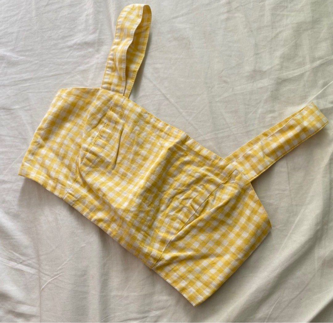 Overseas Plaid Yellow Crop Top (Category: Sleeveless) located in Binan City. Submitted by mypreloved_haul (Listing ID 1464182231, Image 2). Description: LAST PRICE POSTED! FOR SURE BUYERS ONLY - fits xs to small! - no when worn photos! - last price posted! - please message only if sure buyer! - limited replies only. - Available unless mark as sold. - Ship via j&t or lalamove for same day. -Mode of payment: Gcash 📍Biñan Laguna .