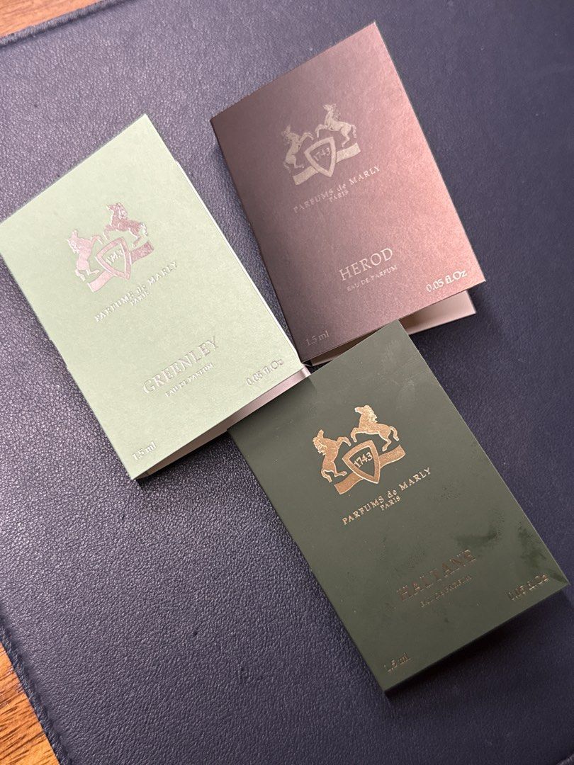 Parfums de Marly Herod, Greenley, Haltane Samples (Category: Fragrance & Deodorants) located in Quezon City. Submitted by maximillian.declutters (Listing ID 1464312533, Image 1). Description: - Set of 3 Parfums de Marly perfume samples - Includes: Herod, Greenley, Haltane - Each is 1.5 ml Eau de Parfum (EDP) - Original packaging included - Ideal for sampling scents before buying a full bottle.