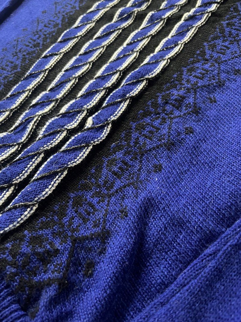 Patria Soeur Blue Knit Sweater (Category: Longsleeves) located in Cavite. Submitted by bellewii (Listing ID 1464283091, Image 2). Description: - Cool blue knit sweater from Patria Soeur - Features black and white braided detail down the front - Unique patterned accents on the sides - Ribbed cuffs and hem - Perfect for layering or wearing solo.