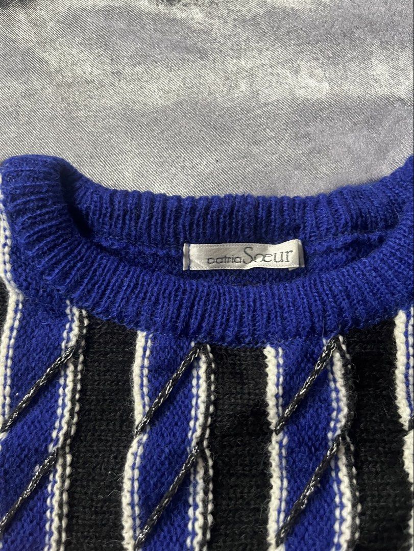 Patria Soeur Blue Knit Sweater (Category: Longsleeves) located in Cavite. Submitted by bellewii (Listing ID 1464283091, Image 3). Description: - Cool blue knit sweater from Patria Soeur - Features black and white braided detail down the front - Unique patterned accents on the sides - Ribbed cuffs and hem - Perfect for layering or wearing solo.