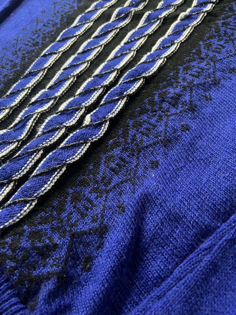 Patria Soeur Blue Knit Sweater (Category: Coats, Jackets and Outerwear) located in General Trias. Submitted by kevinthriftshop (Listing ID 1464283153, Image 3). Description: - Cool blue knit sweater from Patria Soeur - Features black and white braided detail down the front - Unique patterned accents on the sides - Ribbed cuffs and hem - Perfect for layering or wearing solo.