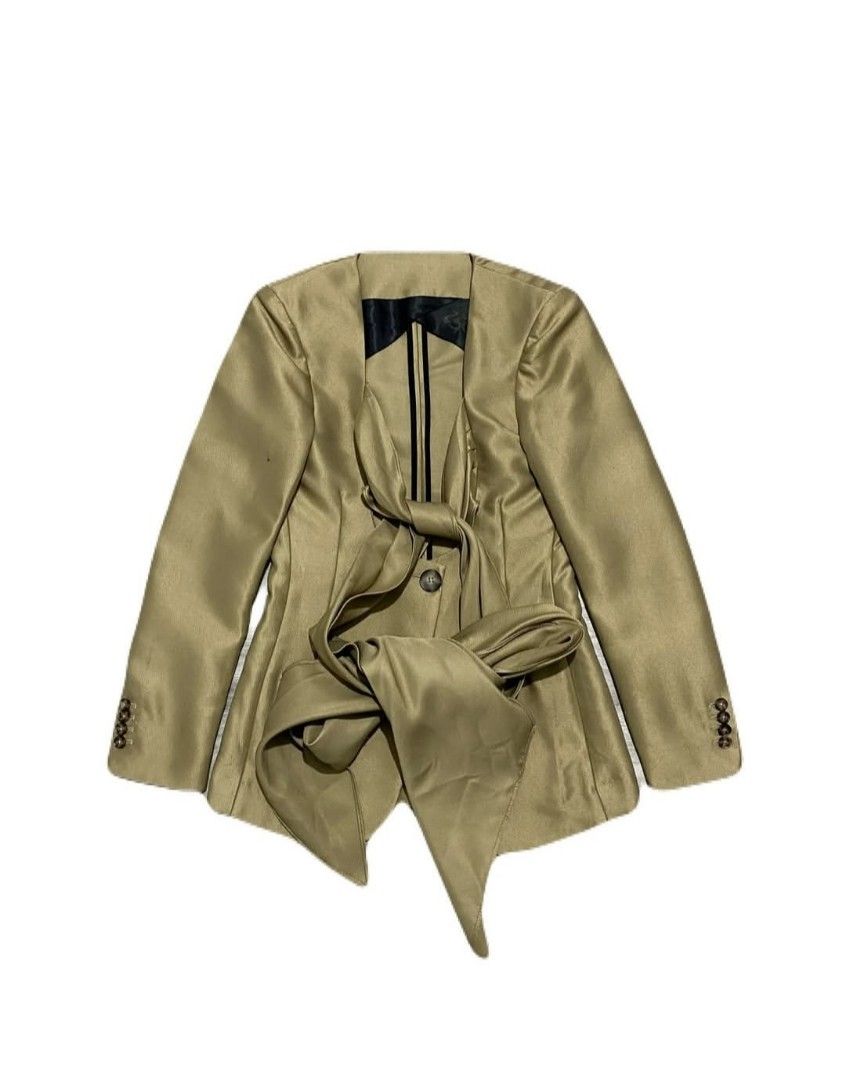 Petar Petrov Fall 2020 Archive Stylish Blazer Jacket (Category: Coats, Jackets and Outerwear) located in Manila. Submitted by jc.dingz1024 (Listing ID 1464247187, Image 1). Description: - Petar Petrov Fall 2020 Archive Blazer - Luxurious Gold Satin Material - Unique Tie Front Detail - Classic Button Closure - Measurements: Pit to Pit 16", Length 27", Waist 15" - Perfect Statement Piece for any Outfit.